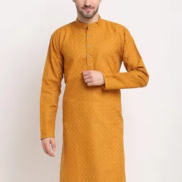 Jompers Men Mustard Geometric Embroidered Pure Cotton Kurta-picture-41
