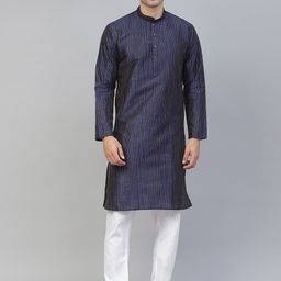 MANQ Men Navy Blue Mandarin Collar Straight Kurta-picture-42