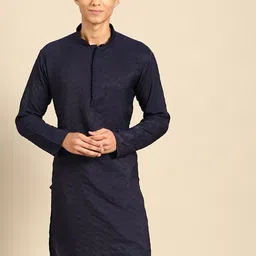 MANQ Chevron Embroidered Mandarin Collar Indigo Straight Kurta-picture-15