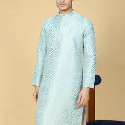 NAMASKAR Geometric Woven Design Mandarin Collar Long Sleeve Jacquard Straight Kurta-image-85