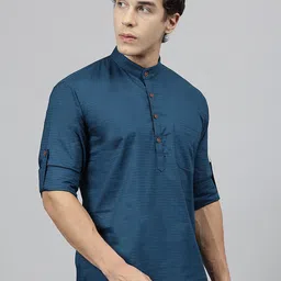 Hancock Checked Band Collar Roll Up Sleeves Pure Cotton Short Kurta-picture-11