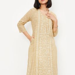 max Ethnic Motifs Woven Design Pleated Square Neck Straight Kurta-26