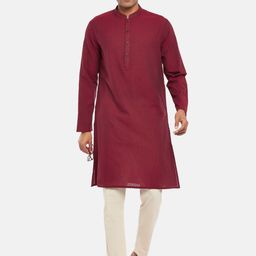 indus route by Pantaloons Men Maroon Solid Mandarin Collar Cotton Kurta-picture-47