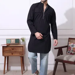 MIDAV Mandarin Collar Zipper Detail Cotton Straight Kurta-picture-16