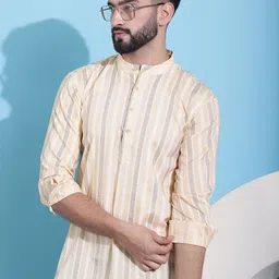 Anouk Yellow Striped Band Collar Pure Cotton Straight Kurta-picture-55