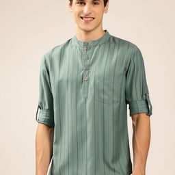 Anouk Striped Thread Work Mandarin Collar Straight Short Kurta-picture-22
