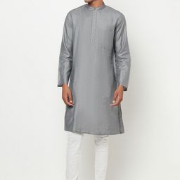 Fabindia Men Grey & high rise Striped Thread Work Kurta-11