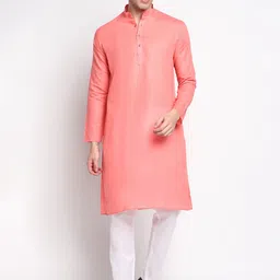 DEVOILER Men Coral Pink Solid Cotton Kurta-26