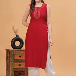 KALINI Round Neck Floral Yoke Design Thread Work Straight Cotton Kurta-picture-10