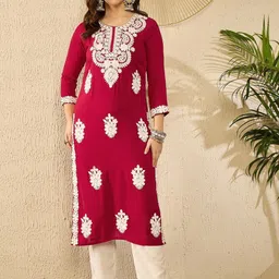 KALINI Floral Embroidered Round Neck Chikankari Straight Kurta-45