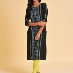 W Black Round Neck Woven Design Kurta-image-35