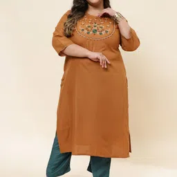 Sringam Plus Size Floral Yoke Design Thread Work Cotton Silk Straight Kurta-picture-7