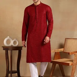 Ethnic Bay Geometric Embroidered Mandarin Collar Straight Sequinned Kurta-picture-37