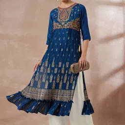 all about you Blue Ethnic Motifs Embroidered Round Neck Pleated A-Line Kurta-image-20