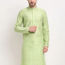 Jompers Men Green Ethnic Motifs Embroidered Dupion Silk Kurta-picture-1