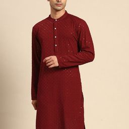 Anouk Ethnic Motifs Embroidered Sequined Mandarin Collar Pure Cotton Kurta-image-91