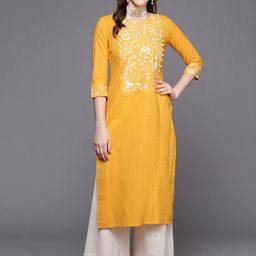 KSUT Women Mustard Yellow Geometric Thread Work Cotton Kurta-image-13