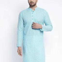 Jompers Men Turquoise Blue Geometric Thread Work Kurta-image-80