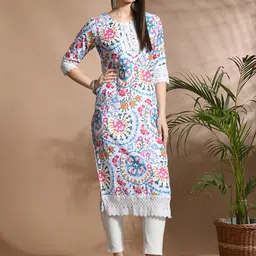 CRENOL THREADS Floral Printed Lace Work Cotton Straight Kurta-image-40