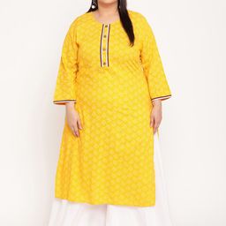 Sringam Plus Size Yellow Floral Printed Thread Work Kurta-picture-7