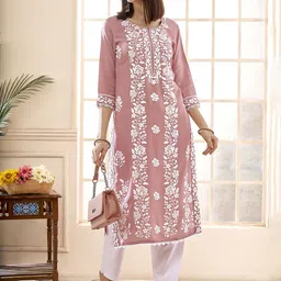 Anouk Floral Embroidered Round Neck Chikankari Straight Kurta-image-31