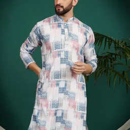 Armaan Ethnic Mandarin Collar Geometric Printed Cotton Kurta-50
