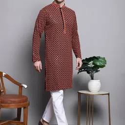 Jompers Geometric Embroidered Thread Work Sequinned Pure Cotton Kurta-image-97