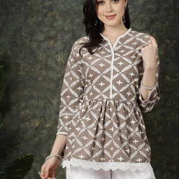 plusS Brown Ethnic Motifs Embroidered Thread Work Pure Cotton A-Line Kurti-picture-5