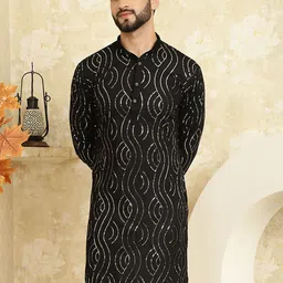 SOJANYA Geometric Embroidered Mandarin Collar Sequined Pure Cotton Straight Kurta-10