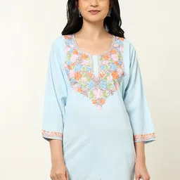 CRAFTBAZAR Floral Embroidered Notched Pure Cotton Straight Kurti-picture-52