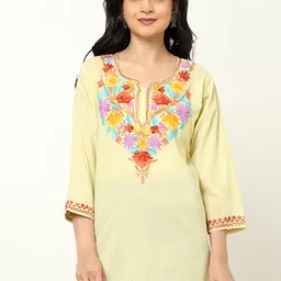 CRAFTBAZAR Floral Embroidered Notched Pure Cotton Straight Kurti-image-91