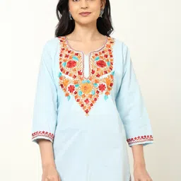 CRAFTBAZAR Floral Embroidered Notched Pure Cotton Straight Kurti-30