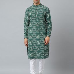 Fabindia Men Green & White Geometric Printed Cotton Kurta-image-27