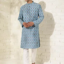 Fabindia Geometric Printed Band Collar Pure Cotton Ikat Straight Kurta-10