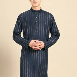 MANQ Striped Printed Band Collar Long Sleeve Straight Cotton Kurta-picture-27