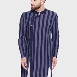 Hypernation Men Striped Indigo Pure Cotton Kurta-image-25