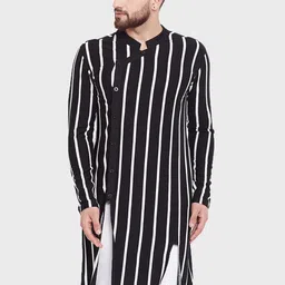 Hypernation Men Black & White Mandarin Collar Striped Cotton Kurta-picture-21