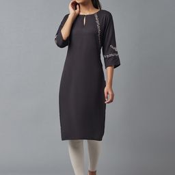 W Women Black Embroidered Keyhole Neck Regular Sleeves Kurta-image-16