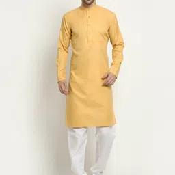 NEUDIS Men Yellow Solid Cotton Long Kurta-picture-29