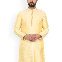 Enciger Striped Woven Design Mandarin Collar Thread Work Straight Kurta-picture-15