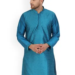 Enciger Woven Design Mandarin Collar Thread Work Straight Kurta-picture-3