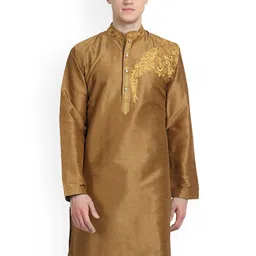 Enciger Ethnic Motifs Embroidered Band Collar Dupion Silk Kurta-image-21