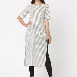 KALINI Vertical Striped Round Neck Cotton Straight Kurta-56