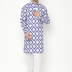Hangup Men Blue & White Geometric Printed Kurta-picture-12