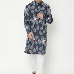 Hangup Men Navy Blue & White Floral Printed Kurta-picture-25