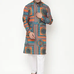 Hangup Men Green & Orange Ethnic Motifs Printed Kurta-image-45
