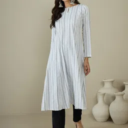 MASSTANI BY INDDUS Striped Woven Design Keyhole Neck Cotton A-Line Kurta-43