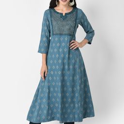 Span Ethnic Motifs Printed Thread Work Detailed Panelled Silk A-Line Kurta-35