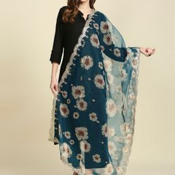 Dupatta Bazaar Women Teal & White Printed Organza Dupatta-24