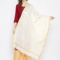 Clora Creation Cream-Coloured & Gold-Toned Cotton Tussar Dupatta-18